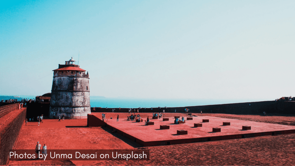 A wide angle shot of Aguada Fort in Goa, one of the best places to visit in Goa during monsoon.
