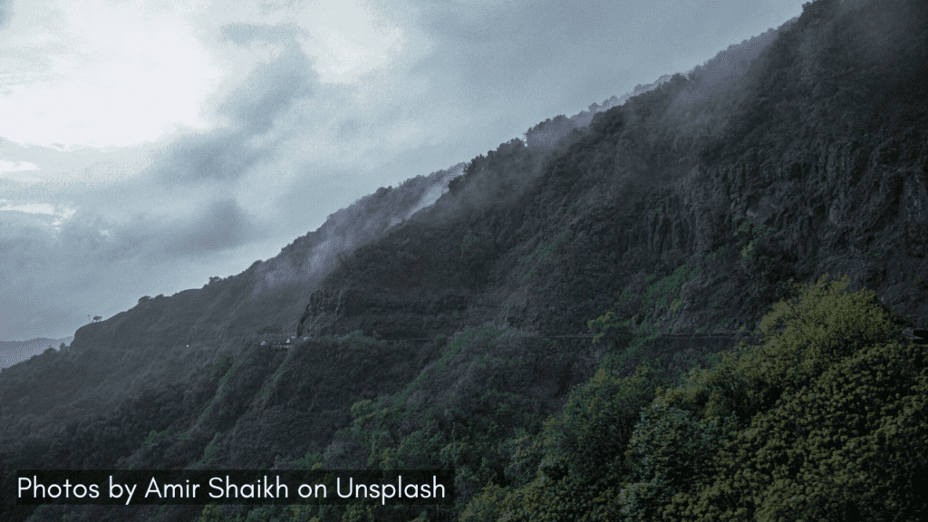 Dark monsoon clouds hovering over Ambenali Ghat in Maharashtra