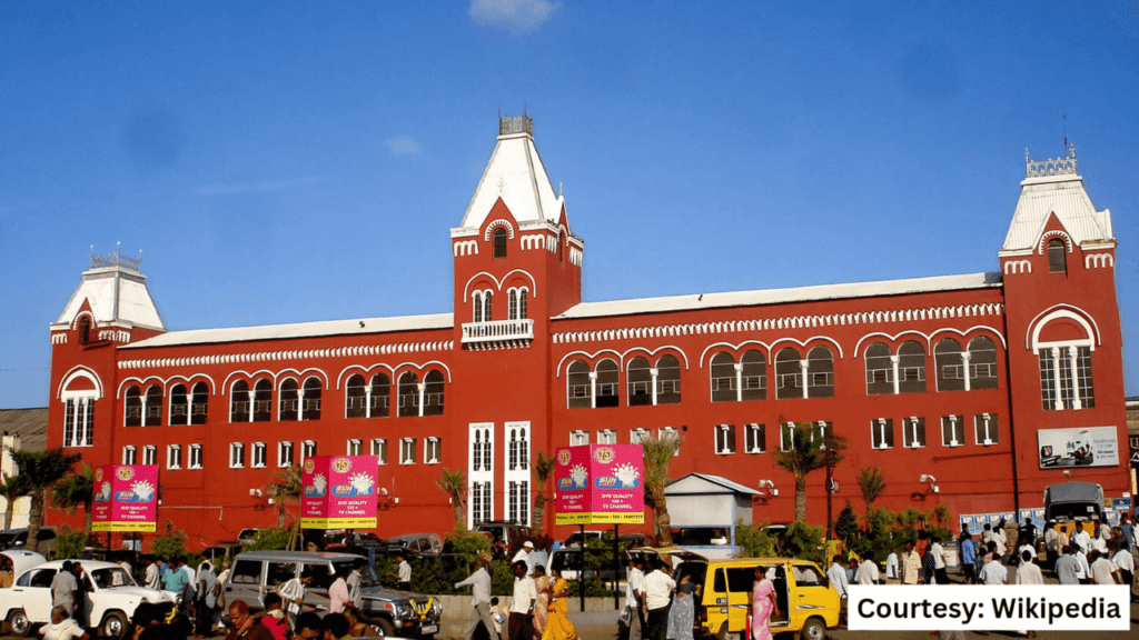 A shot of Chennai Central, formerly Madras Central, historic South Indian railway station connecting major cities like Mumbai and Delhi.