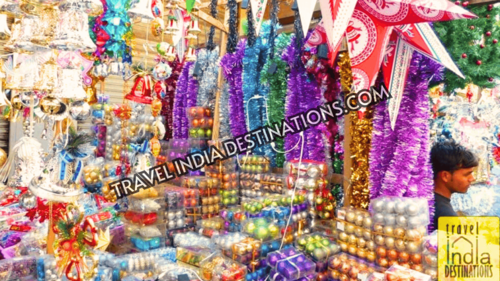 A picture of a street shop selling Christmas tree baubles at Crawford Market, one of the best Christmas markets in Mumbai.