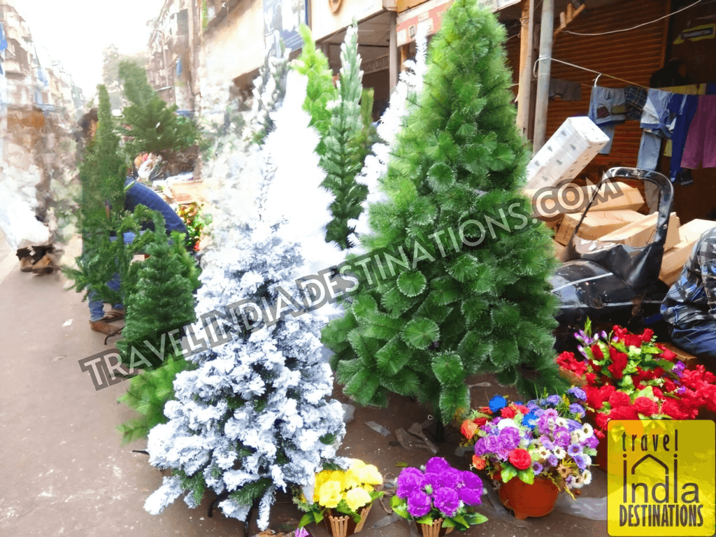 A range of Christmas trees on the streets in Crawford Market, one of the best markets for Christmas shopping in Mumbai.