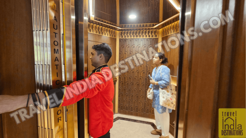 entering the elevator at Eros Cinema Mumbai