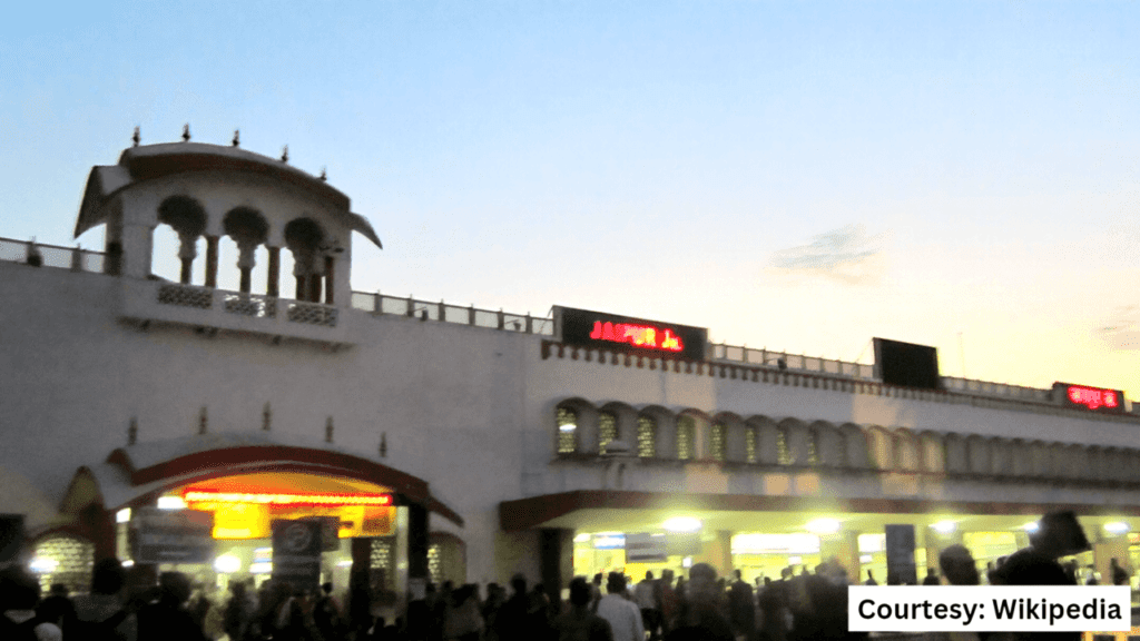 Jaipur Junction railway station, built in 1875, historic station with architecture reflecting Rajasthan’s royal forts and palaces.
