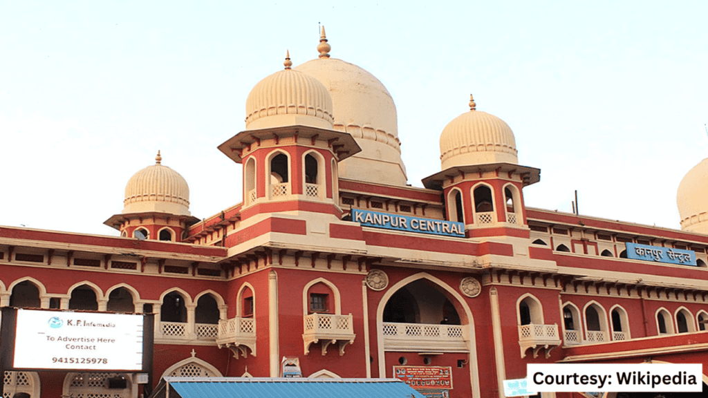 An exterior shot of Kanpur Central railway station in Uttar Pradesh, historic station with Indo-Saracenic architecture, opened in 1859.