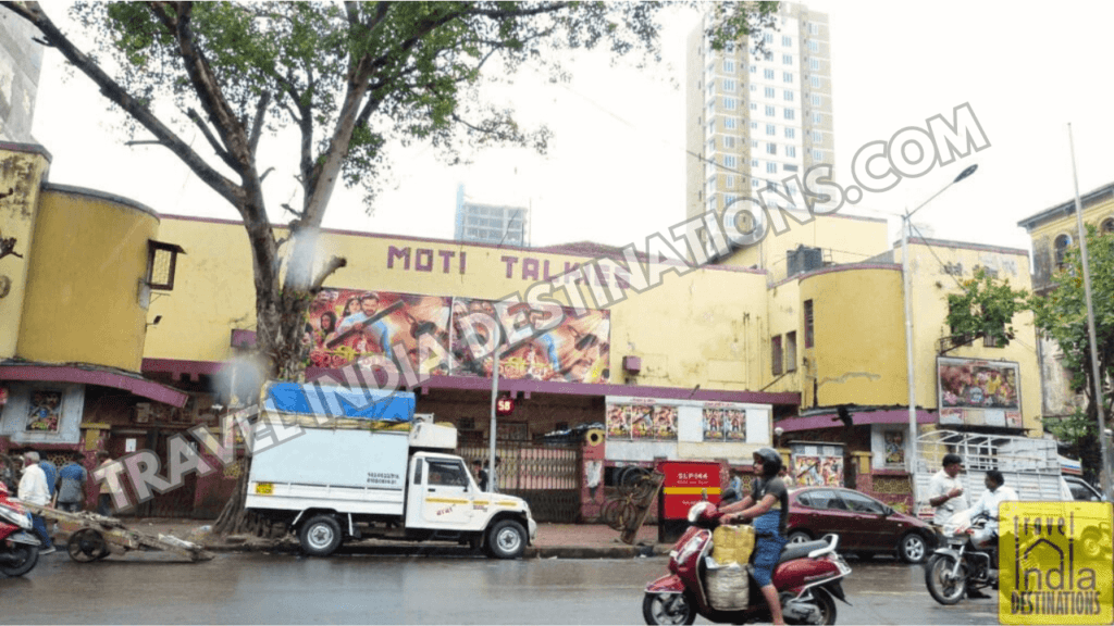 Exterior shot of the Moti Talkies in Mumbai playing regional language films.