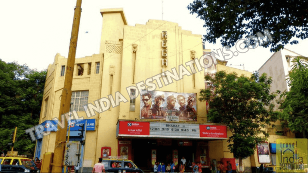 The front view picture of Regal Cinema in Mumbai with its Art Deco architecture.