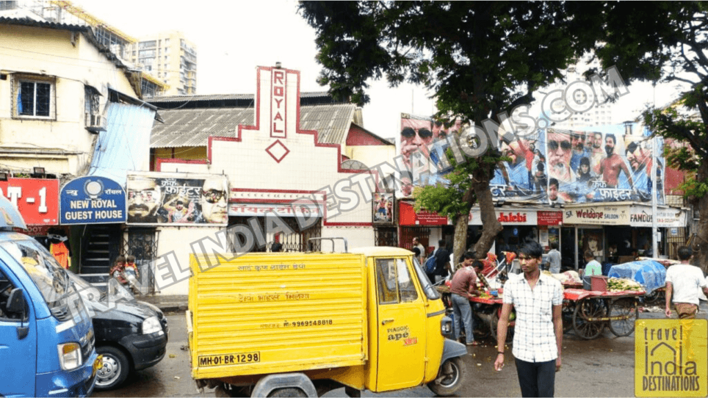 Exterior shot of the Royal Talkies in Mumbai playing regional language movies.