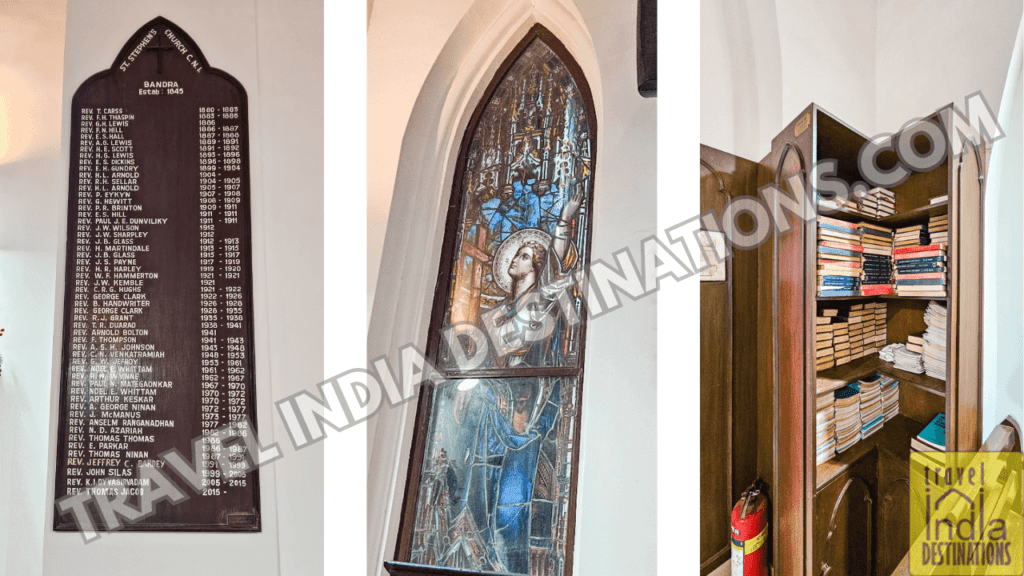 The list of pastors, stained glass and the book shelf