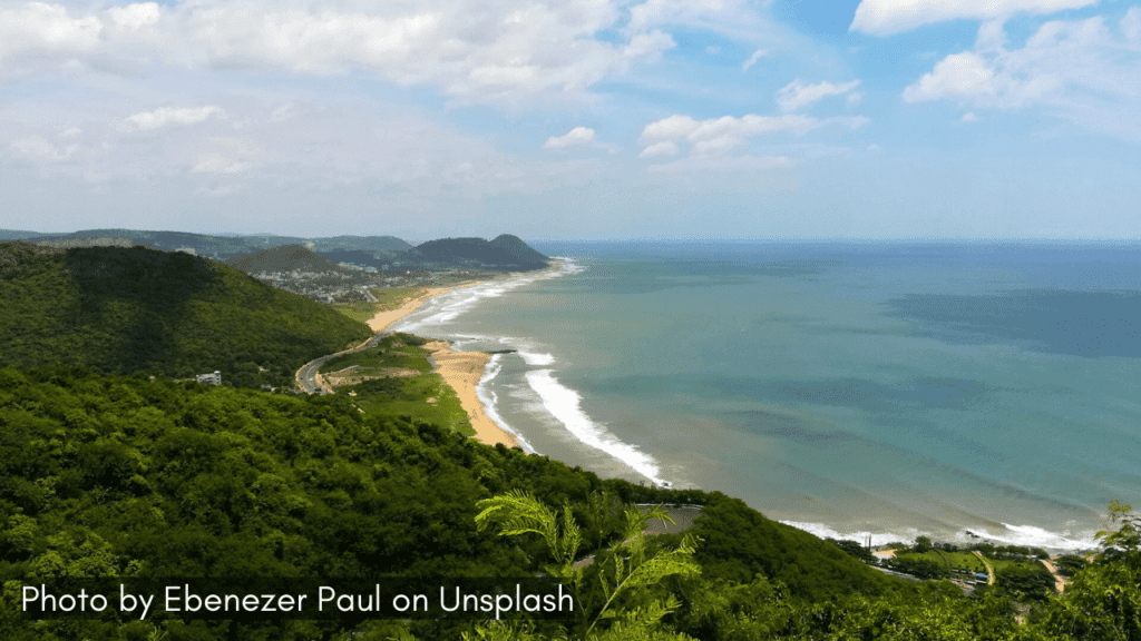 A view of the beach from Kailasagiri in Visakhapatnam a lovely place to visit in November in South India.