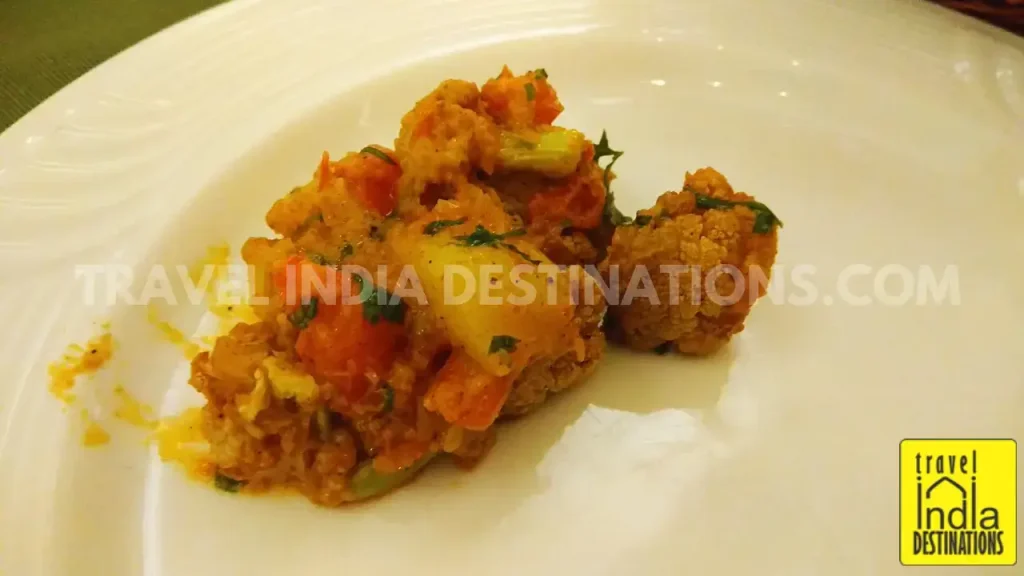 A close up shot of Aloo Gobi, a vegetarian meal served at 1559 AD Udaipur.