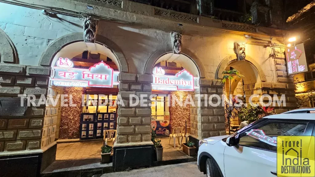 Bade Miyan restaurant entrance in Mumbai, lit up for iftar hours in the month of Ramadan.