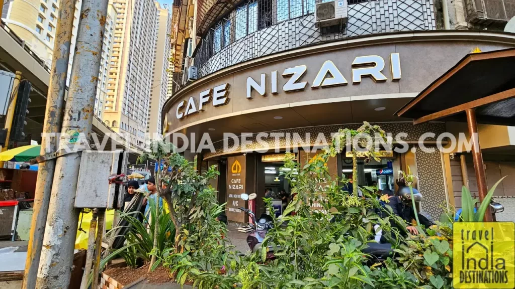 The main entrance of Cafe Nizari known for spicy minced meat food for iftar during the month of Ramadan in Mumbai.