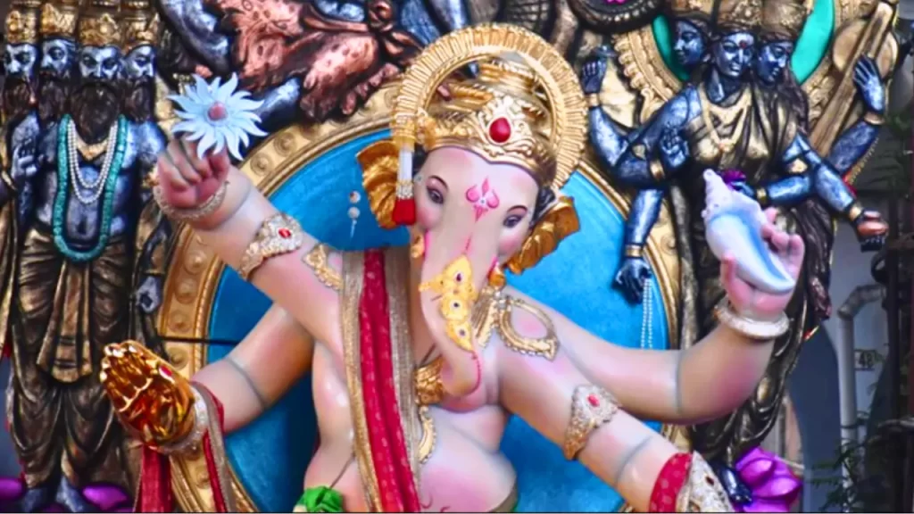 Elegant Ganesh idol at Chinchpokli Cha Chintamani with soft lighting and classic decor one of the oldest Ganpati pandals in Mumbai