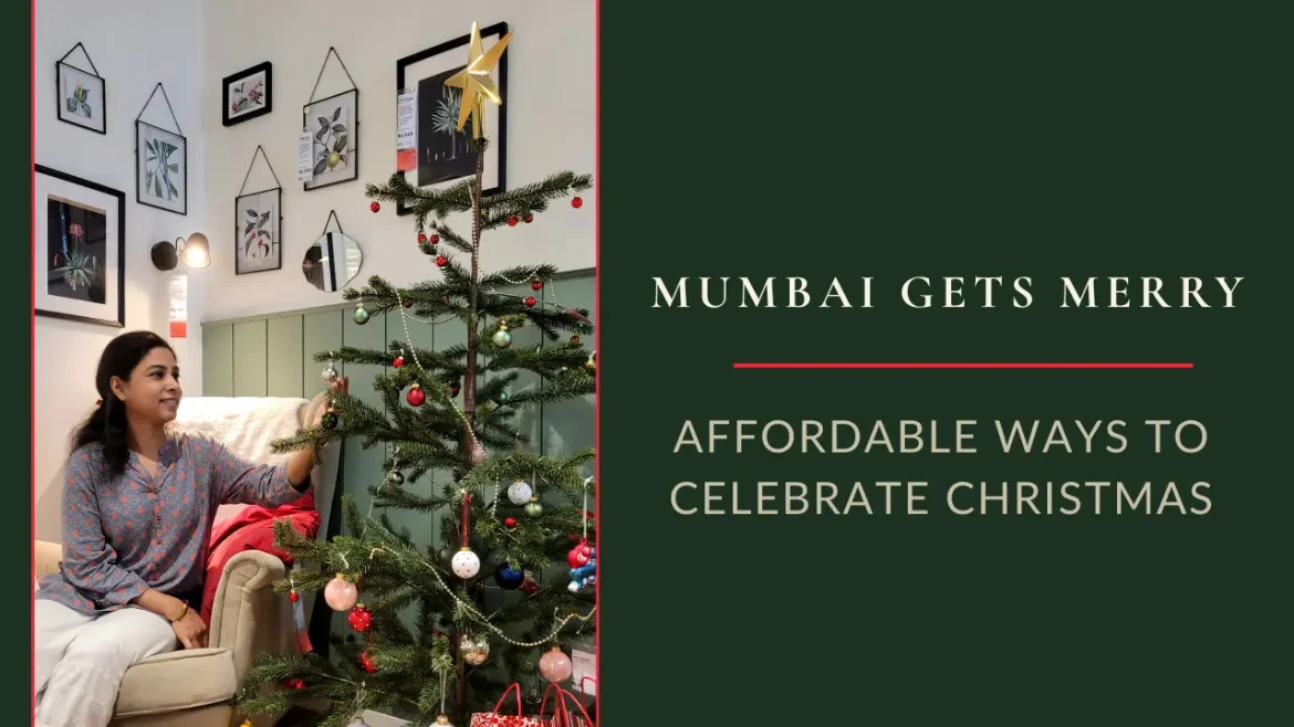 A woman enjoying Christmas celebrations in Mumbai with festive décor and cheerful lights.
