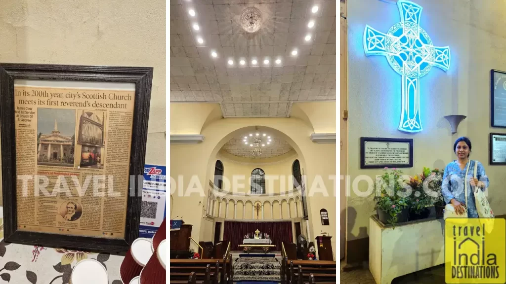 multiple pictures showing a newspaper cutting about the church, the main view of the altar and sarah standing before the celtic cross at church of st andrew scots kirk in mumbai