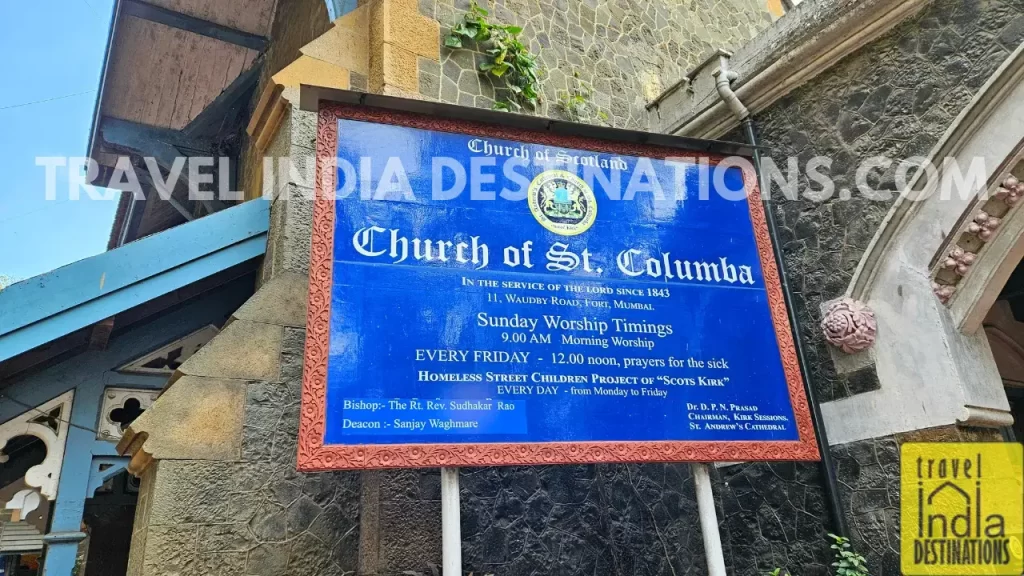 A notice board outside the St. Columba Church Mumbai for worship timings and other details.