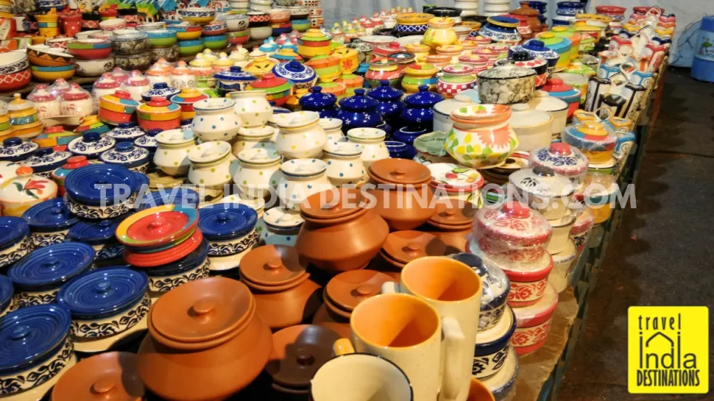 A range of earthernware on display in a local market in Jaipur.