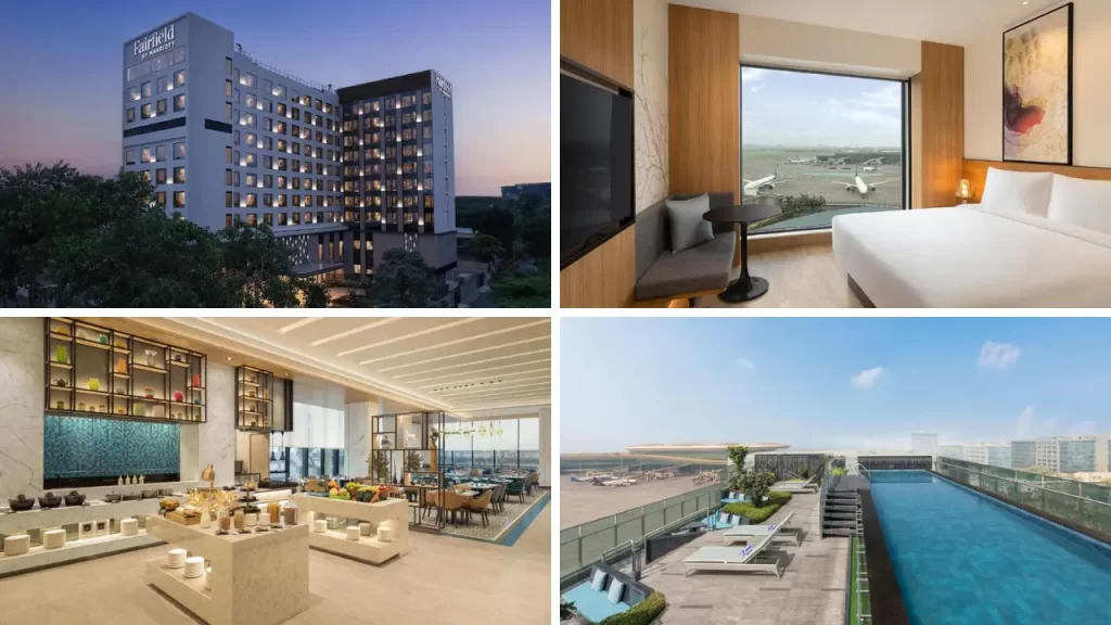 Fairfield by Marriott Mumbai Airport – exterior building, modern guest room, multi-cuisine restaurant, and rooftop pool