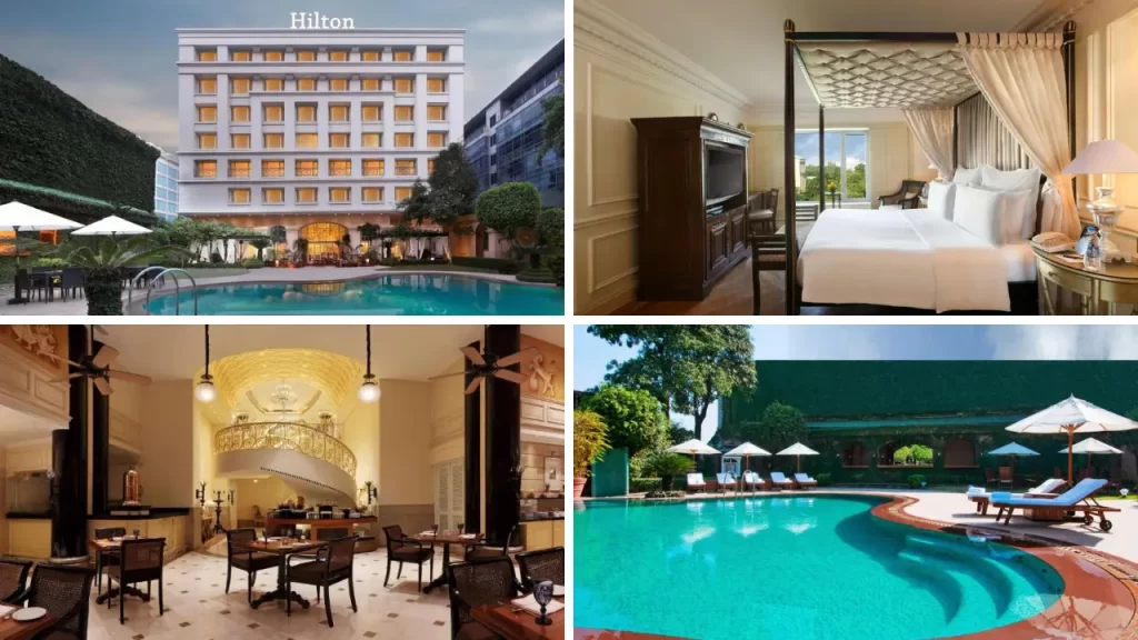 Hilton Mumbai Airport hotel – colonial-style exterior, luxury room, restaurant, and swimming pool