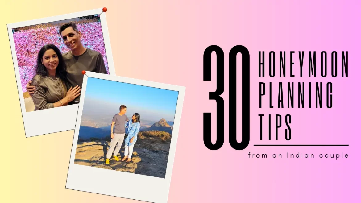 a featured image with two images of couples with honeymoon planning tips title