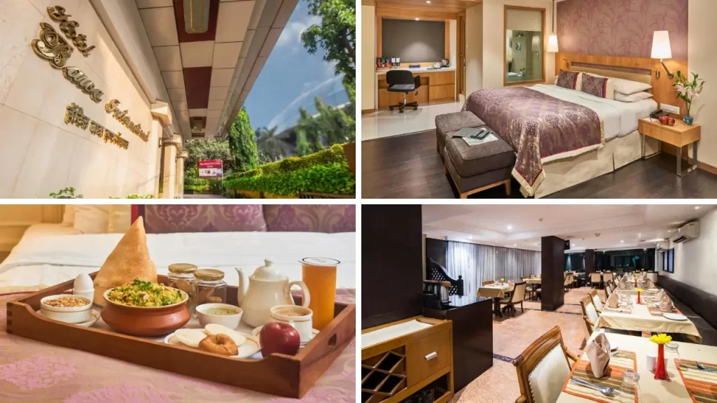 Hotel Bawa International near Mumbai Airport – exterior, modern room, in-room dining tray, and restaurant view