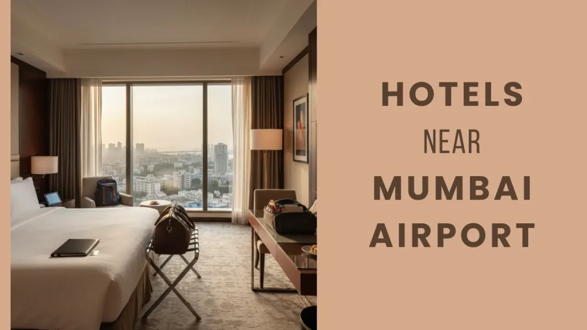 An image of hotel room with travel bags and luggage overlooking a window with Mumbai skyline.