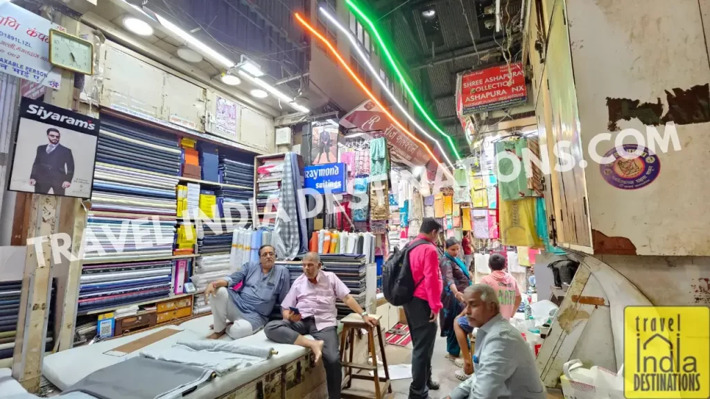 A shot of stores inside the Mangaldas Market, one of the best markets in Mumbai for fabrics and cloth pieces.