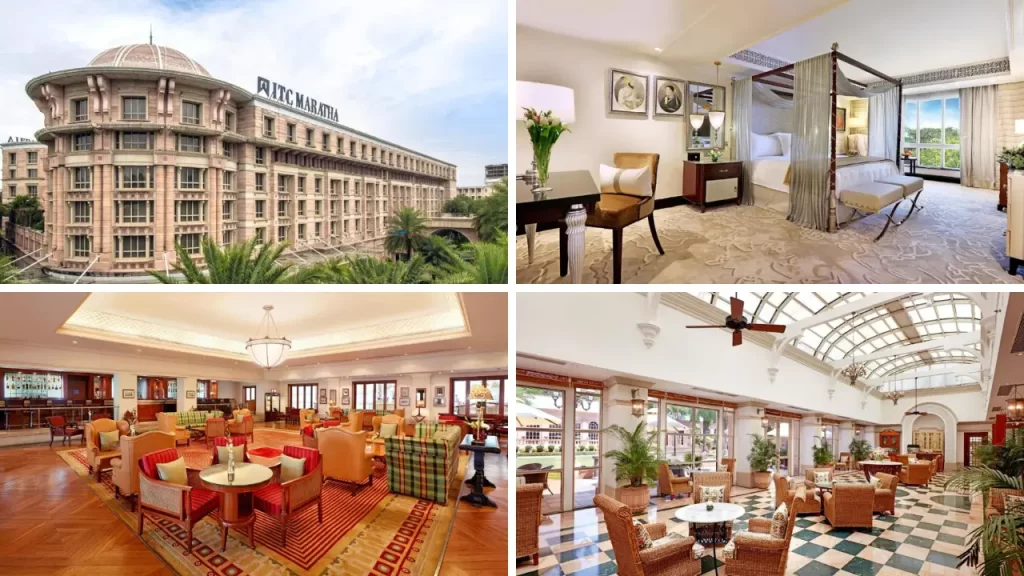 ITC Maratha Mumbai Airport hotel – grand exterior, deluxe room, fine dining restaurant, and cafe view