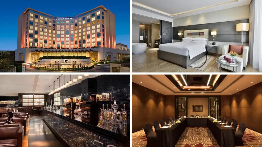JW Marriott Mumbai Sahar – exterior, luxury room, restaurant and bar, and spacious meeting room
