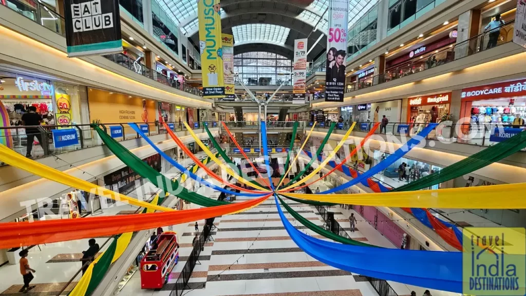 Interiors of Korum Mall Thane featuring simple festive decorations and moderate footfall