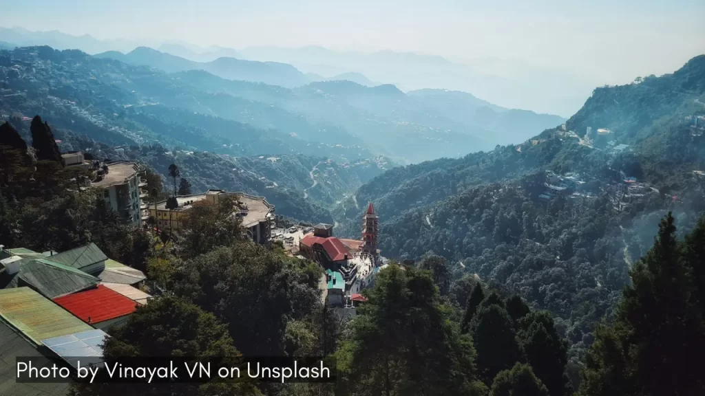 A view of the valley in Mussoorie, one of the best places for minimoon in April in India.