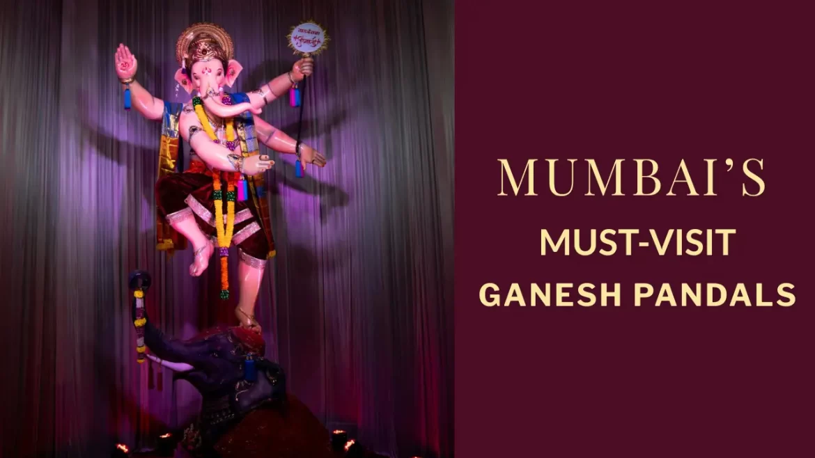 Colorful Ganesh idol on display with dramatic lighting at a Mumbai pandal during Ganesh Chaturthi celebrations