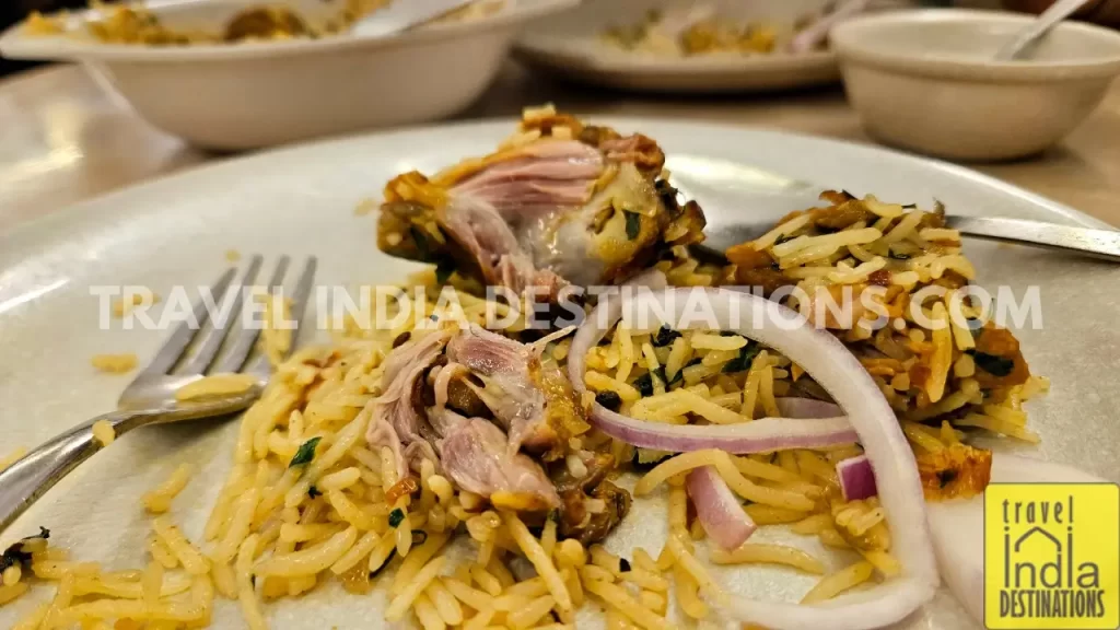 A close up shot of Mutton Akhni Pulao at Queen Mary Restaurant located in Mazgaon, one of the best iftar spots in Mumbai.