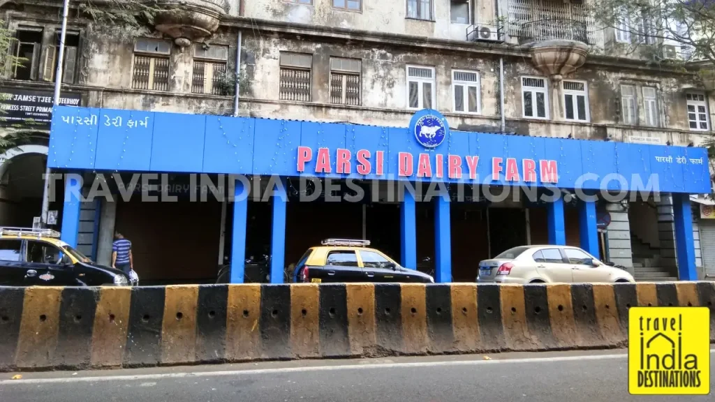 An exterior shot of Parsi Dairy Farm at Marine Lines, offering a range of dairy products and fresh kulfis.