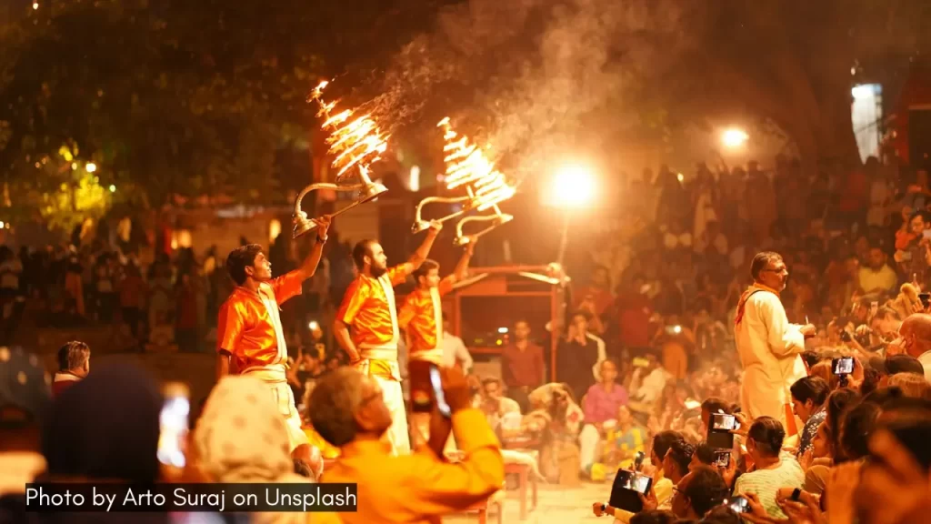 people celebrate diwali with ganga aarti in varanasi