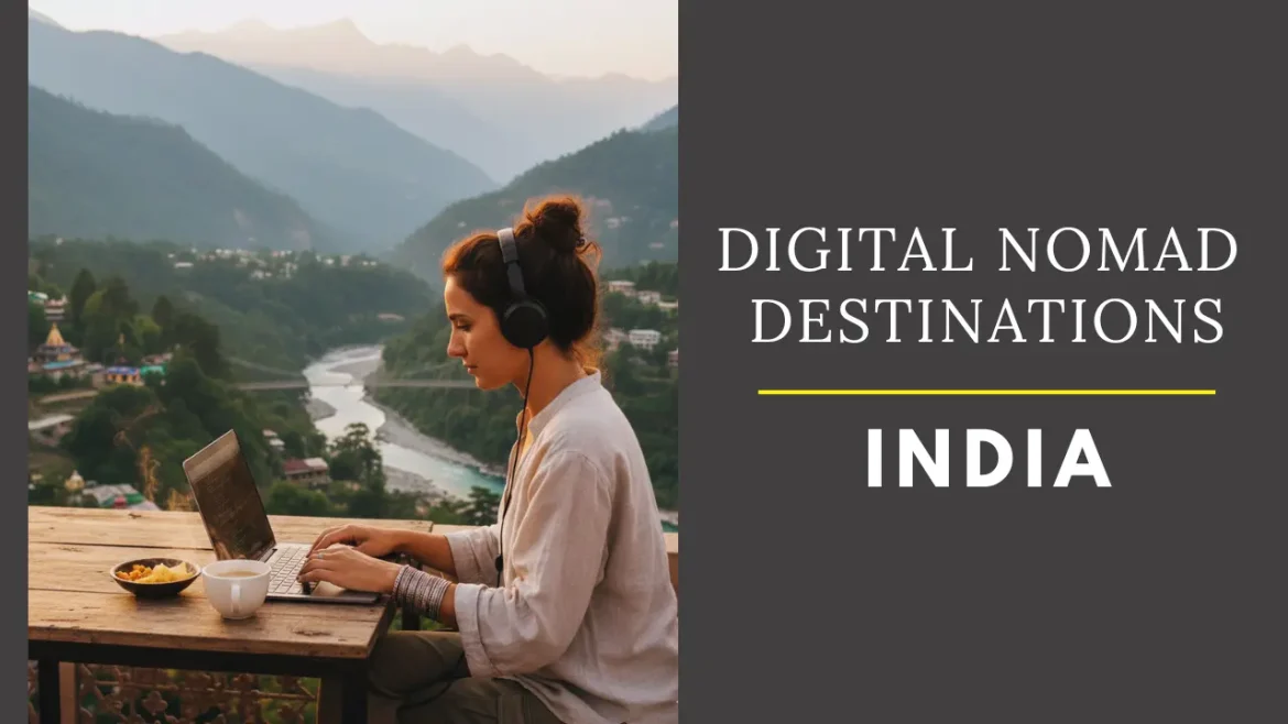 A shot of a digital nomad working on her laptop with headphones on, a cup of coffee and snacks with picturesque landscape of Rishikesh.