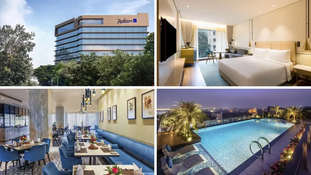 Radisson Blu Mumbai Airport hotel – exterior, modern room, rooftop pool, and restaurant interiors
