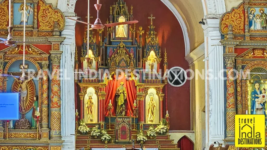 A close up shot of the teakwood altar at St Andrew's Church Bandra.