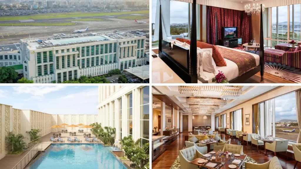 Taj Santacruz Mumbai Airport hotel – elegant exterior, stylish room, swimming pool, and restaurant dining