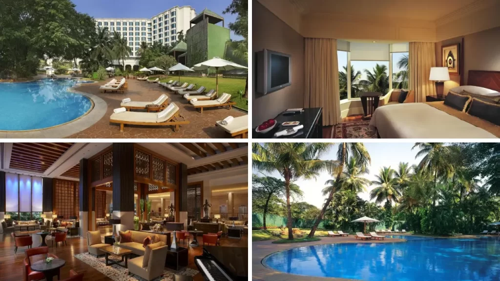 The Leela Mumbai Airport hotel – luxury room, restaurant dining, and two views of the tropical pool
