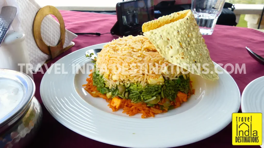 A picture of tricolour pulao served at Ambrai Restaurant in Udaipur.