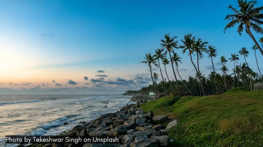 A shot of a beach in Varkala, one of the best places to visit in monsoon in South India.