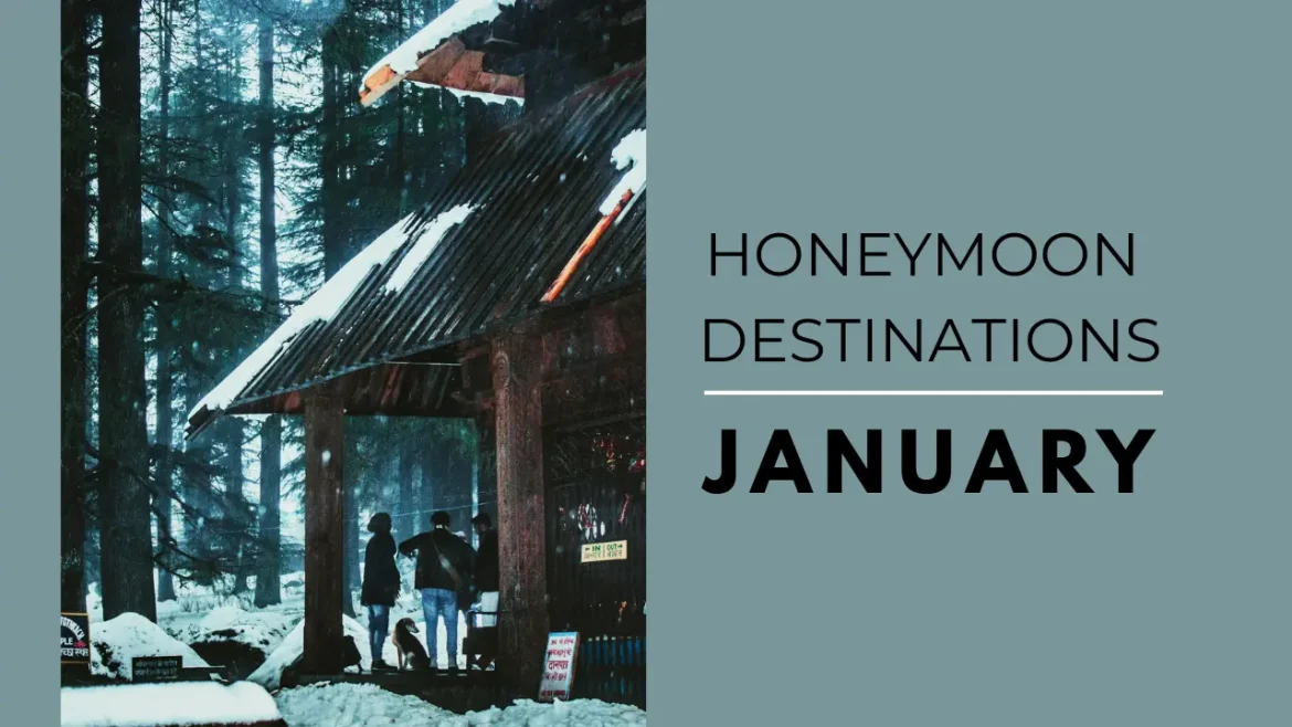 Couple at Veer Ghatotkach Temple in Manali in snow conditions in India.